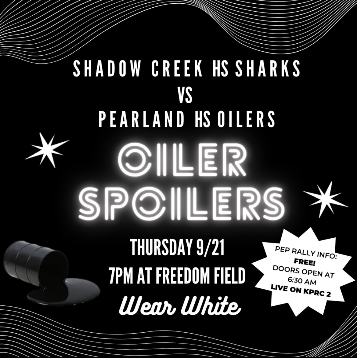 SharksSection's tweet image. This Thursday, there will be a FREE MORNING PEP RALLY live on KPRC 2 at 6:30 AM in the gym! We are looking forward to seeing each of you there showing school spirit as we prepare to take down the Pearland HS Oilers
#FinsUpCreek 🦈🦈