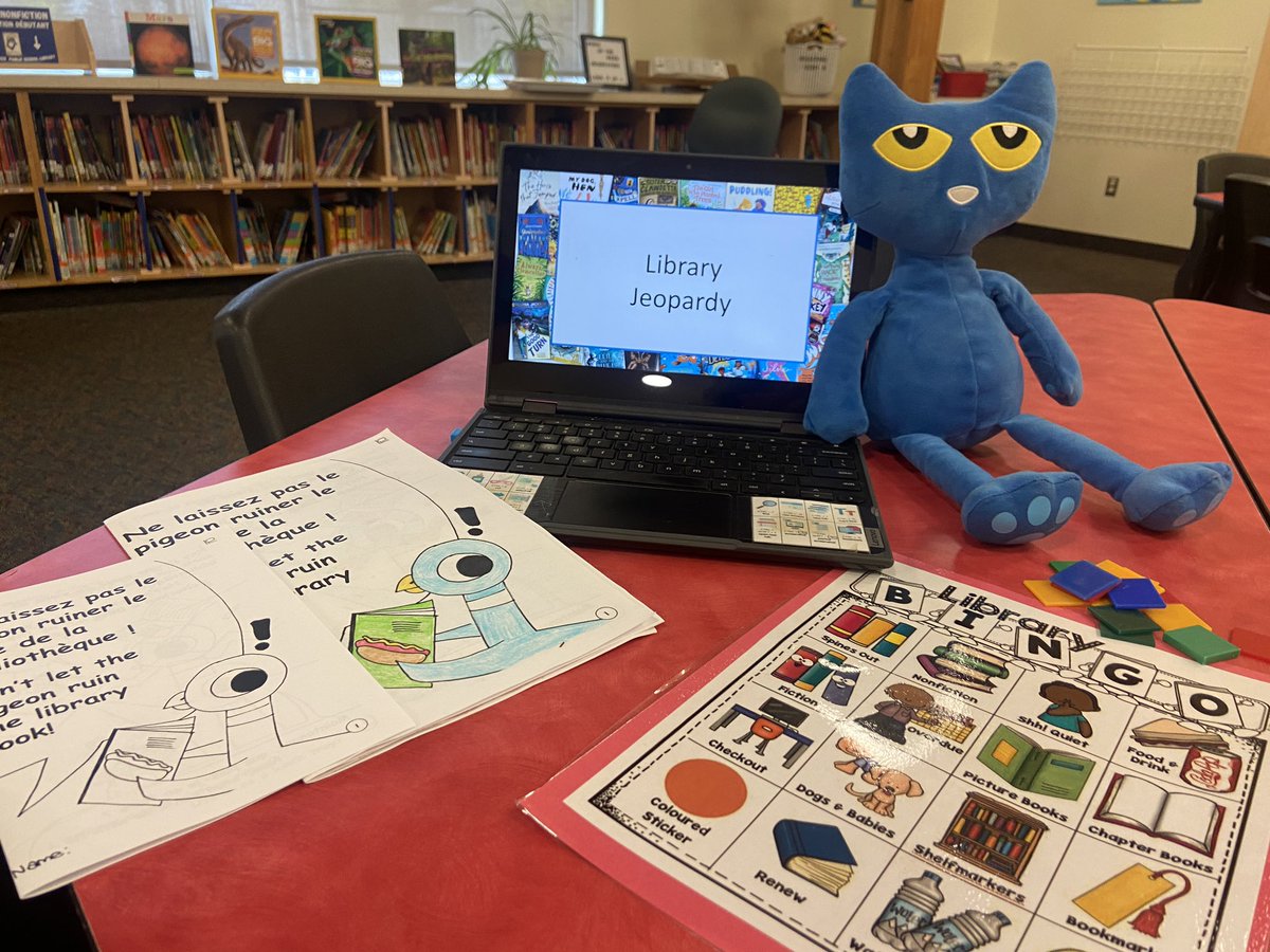 MsVsLibrary's tweet photo. Library orientation activities in the @SouthMarchPS library wrap up today  as we get ready to start library visits next week. Can’t wait to show off all the new books! Pete’s ready for some company (other than me!). #schoollibraryjoy @OCDSBLibrairies https://t.co/MwyiamJgV5