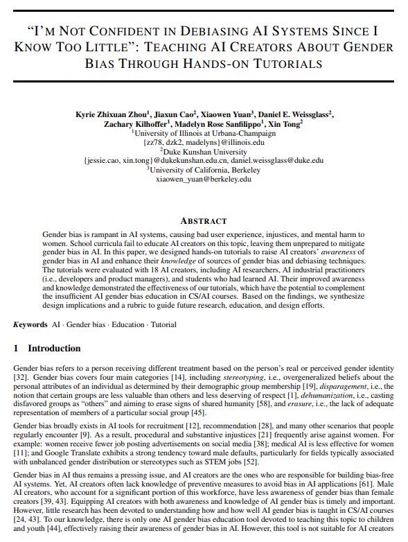 🚨Preprint Alert🚨 

In our new preprint, we leverage hands-on tutorials to equip AI creators with awareness and knowledge of *gender bias*, which is often an overlooked topic in CS/AI courses. 

Paper: arxiv.org/pdf/2309.08121… 

(1/n)