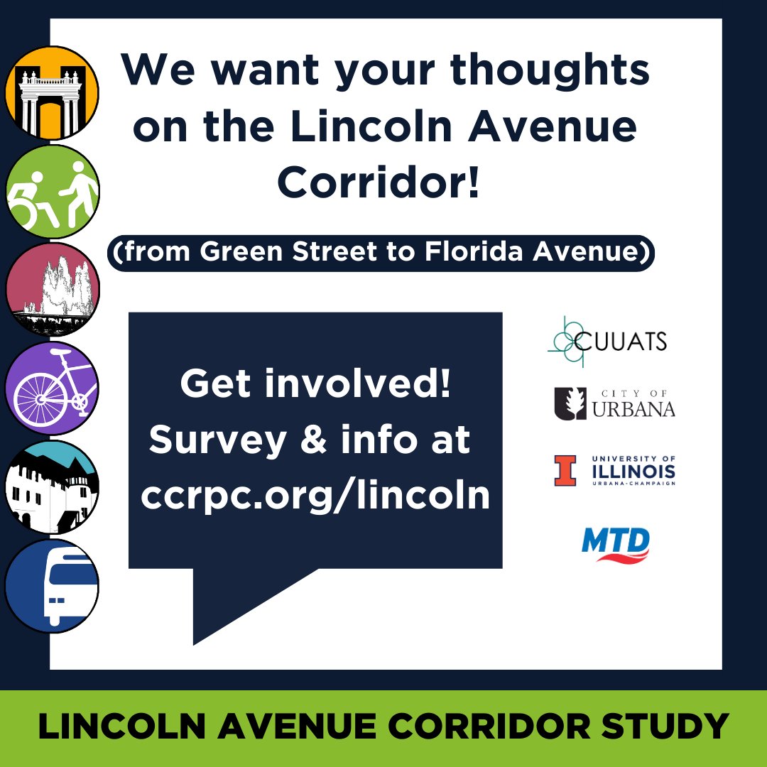 CUUATS's tweet photo. We want your thoughts on Lincoln Avenue, between Green Street and Florida Avenue! 

Visit https://t.co/voE5WNLCf8, or come to our open house (October 10th , 4-7PM at the Alumni Center) to learn more and provide feedback on how Lincoln Avenue can best serve our community! https://t.co/NgLcQbmIbx