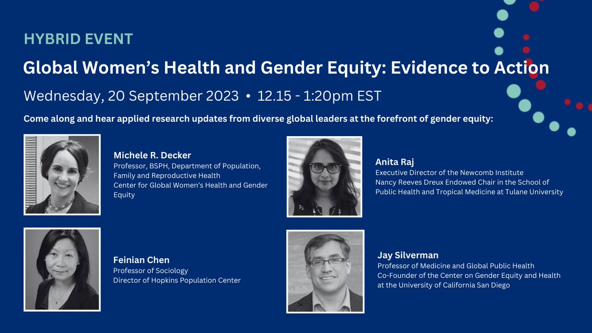 Wednesday Seminar! Hear from diverse global leaders at the forefront of #gender equity! For more info: publichealth.jhu.edu/center-for-glo…