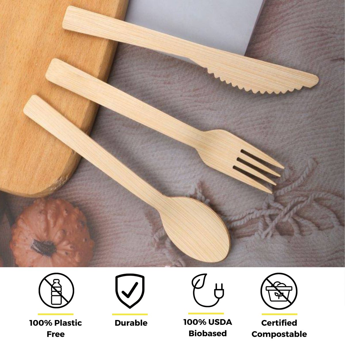 Looking to replace your plastic or bioplastic cutlery or ditch the wooden cutlery, our new line of EarthCutlery is made from 100% bamboo! It's a truly sustainable and cost effective alternative!