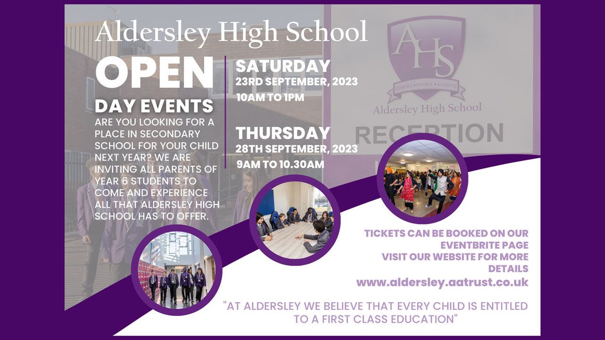 🏫 Aldersley High School Open Days
Discover a community where safety &amp; happiness come first. Join us to feel the warm, inviting atmosphere at Aldersley. Book now: aldersley.aatrust.co.uk/parent-communi… #AldersleyCommunity #Wolverhampton #OpenDay2023