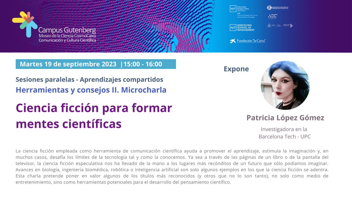 Mañana os contaré cositas sobre la Ciencia Ficción, Investigaciones inspiradoras y sobre su uso en Divulgación Científica !! Ven a saludarme !! 🖖🛸👽📽️🎞️👾#CGutenberg23 @CosmoCaixa @ccupf