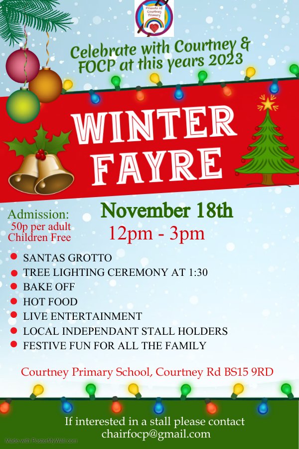 CourtneyFocp's tweet photo. A date for your diary . This year's winter Fayre. FOCP are already in a snow flurry of planning  its going to be so much fun
Calling all local stallholders  if you would like to reserve a stall for this year please email chairfocp@gmail.com or contact me directly on 07949698648. https://t.co/o4qbm1uH0L