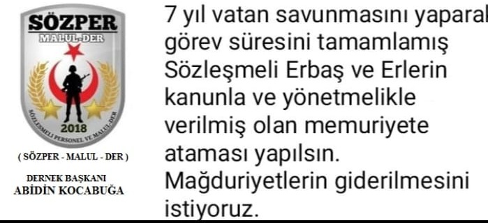 AbidinKocabuga's tweet photo. 7 yıl vatan savunmasını yaparak görev süresini tamamlamış Sözleşmeli Erbaş ve Erlerin kanunla ve yönetmelikle verilmiş olan memuriyete ataması yapılsın. Mağduriyetlerin giderilmesini istiyoruz.
#SözleşmeliErAtamaİstiyor
@ahaber
@csgbakanligi
@RTErdogan
@Haberturk 
@iscihaber https://t.co/OCYbXF6qpH