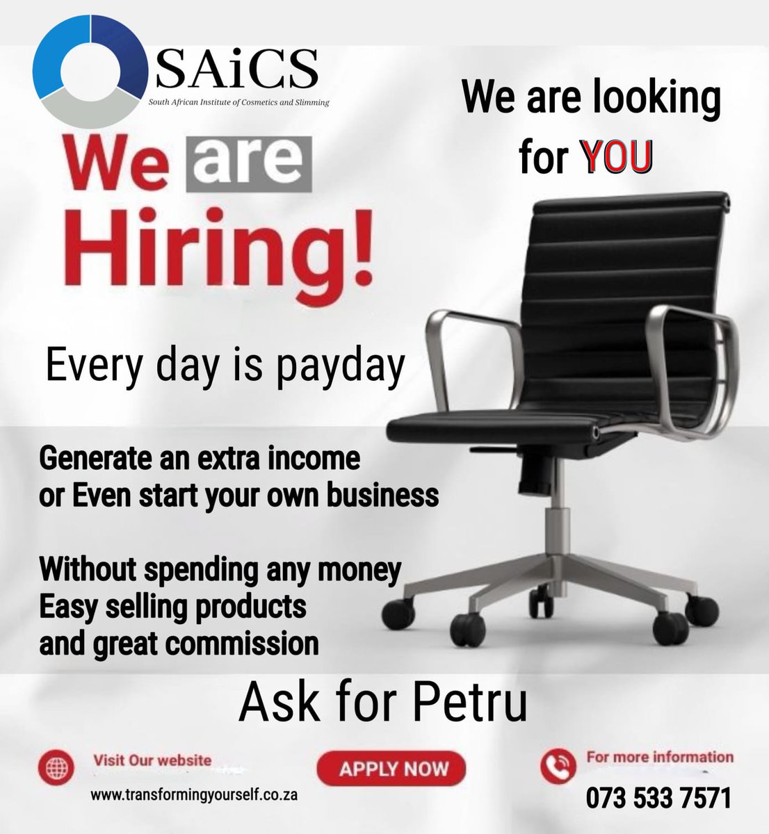 petrujens's tweet photo. Start your future with Saics
* No Joining costs
* No experience needed
* Free training 
* Specialized products
* Work anywhere 

Contact - Petru@saics.co.za

#Saics #SaisTY #AgentsWanted #workfromhome #workanywhere #startyourownbusiness #expandyourbusiness #entrepreneurship https://t.co/AUrVALpGtq