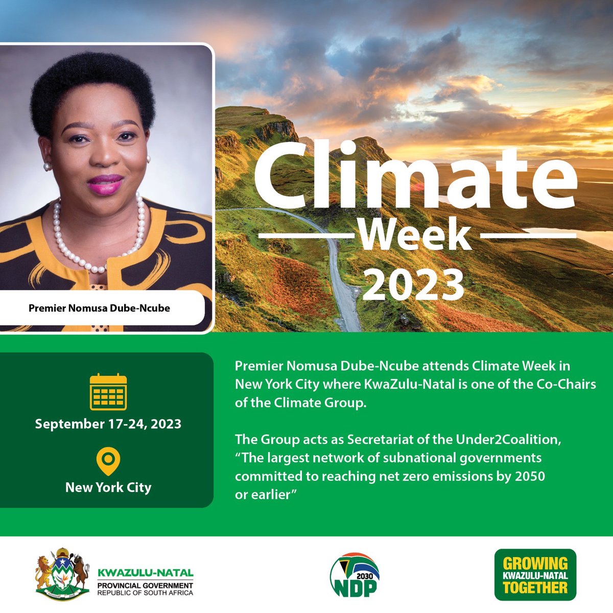 This week, I am at #ClimateWeek in New York City where KwaZulu-Natal is one of the Co-Chairs of the Climate Group. The Group acts as Secretariat of the Under2Coalition, 'The largest network of subnational governments committed to reaching net zero emissions by 2050 or earlier.”