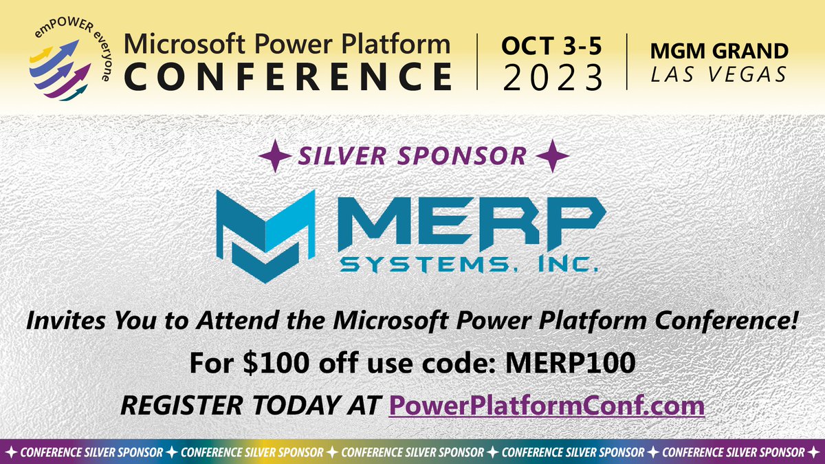 Big shoutout to MERP Systems for their silver sponsorship at the Microsoft Power Platform conference in Las Vegas! Discover their offerings at booth #208 in the expo hall. 🚀 #MPPC23 #MERPSystems @MERPSYSTEMS