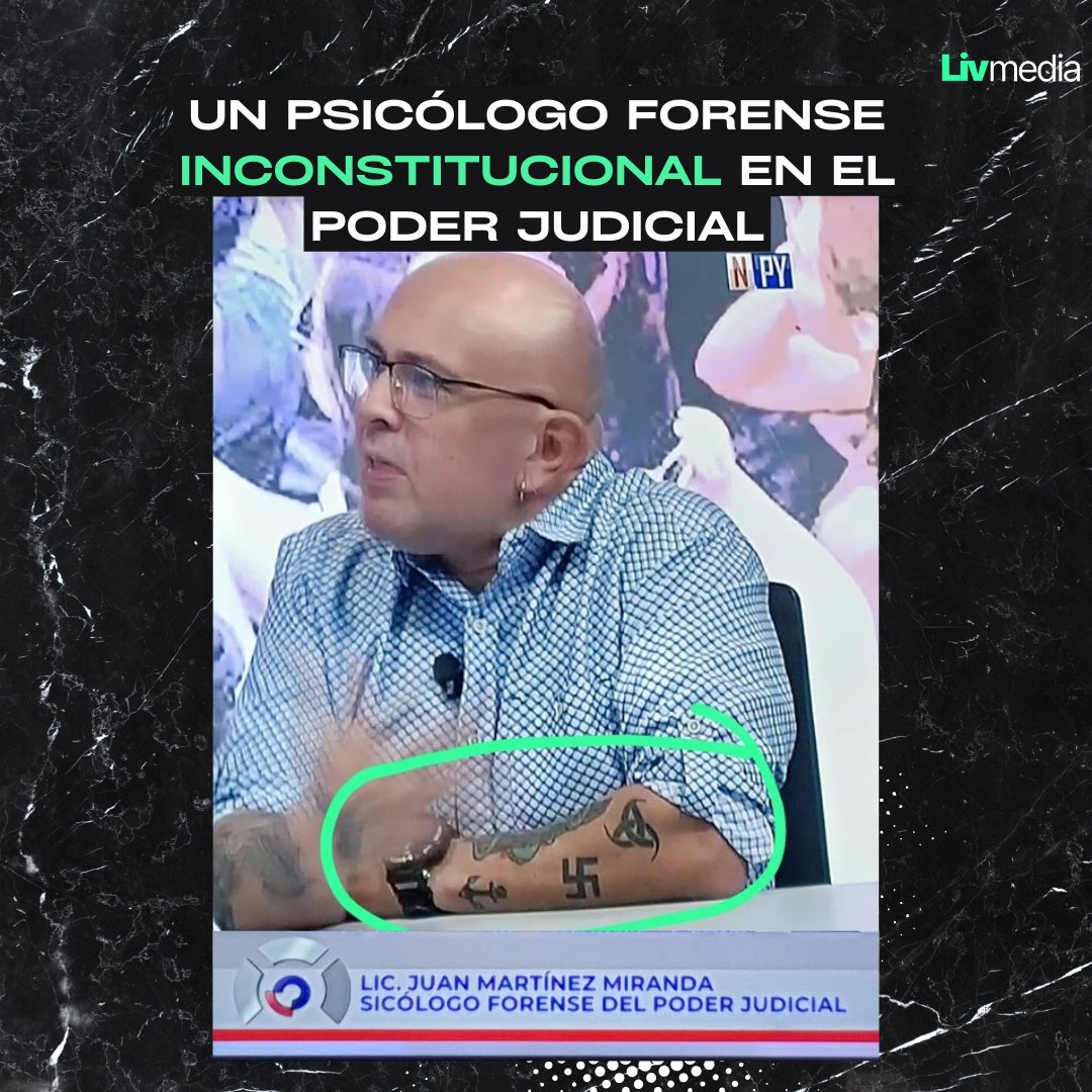 Juan Martínez Miranda, un expolicía jubilado y psicólogo forense del <a href="/PoderJudicialPY/">Corte Suprema CSJ</a> muestra públicamente su tatuaje de esvástica nazi en la TV.  

Lo grave de esta situación es que esta persona es incompatible con la Constitución debido a su afinidad con la ideología nazi.

1/2