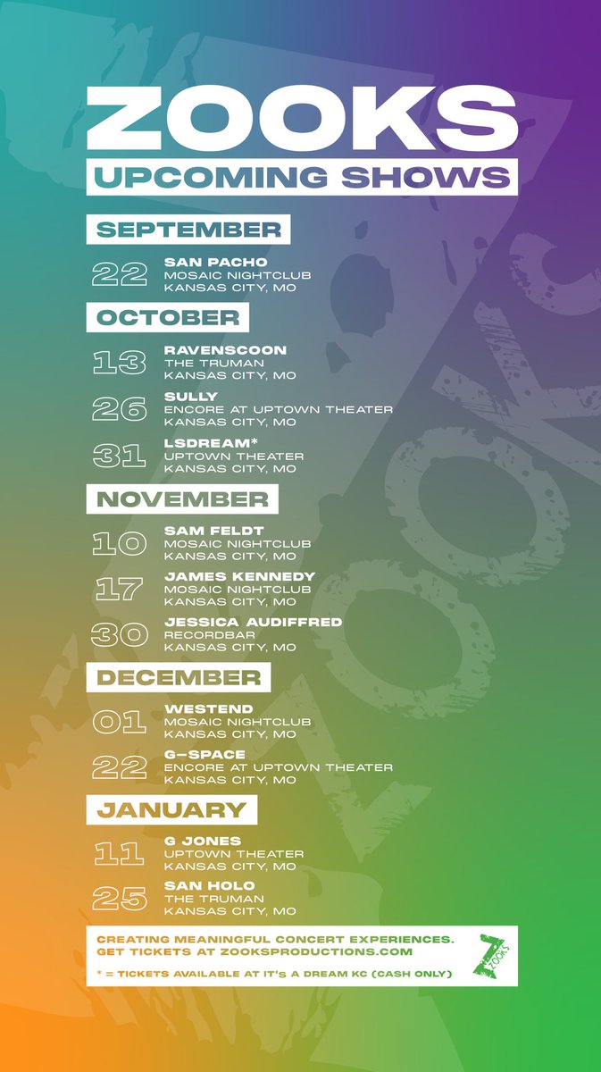 ZOOKSProduction's tweet image. Here’s the current lineup for shows in KC!! Which ones are we gonna see you at?! 😎

Buy tickets to any show here: linkin.bio/zooksproductio… 🎟️

More to be announced soon 🤫