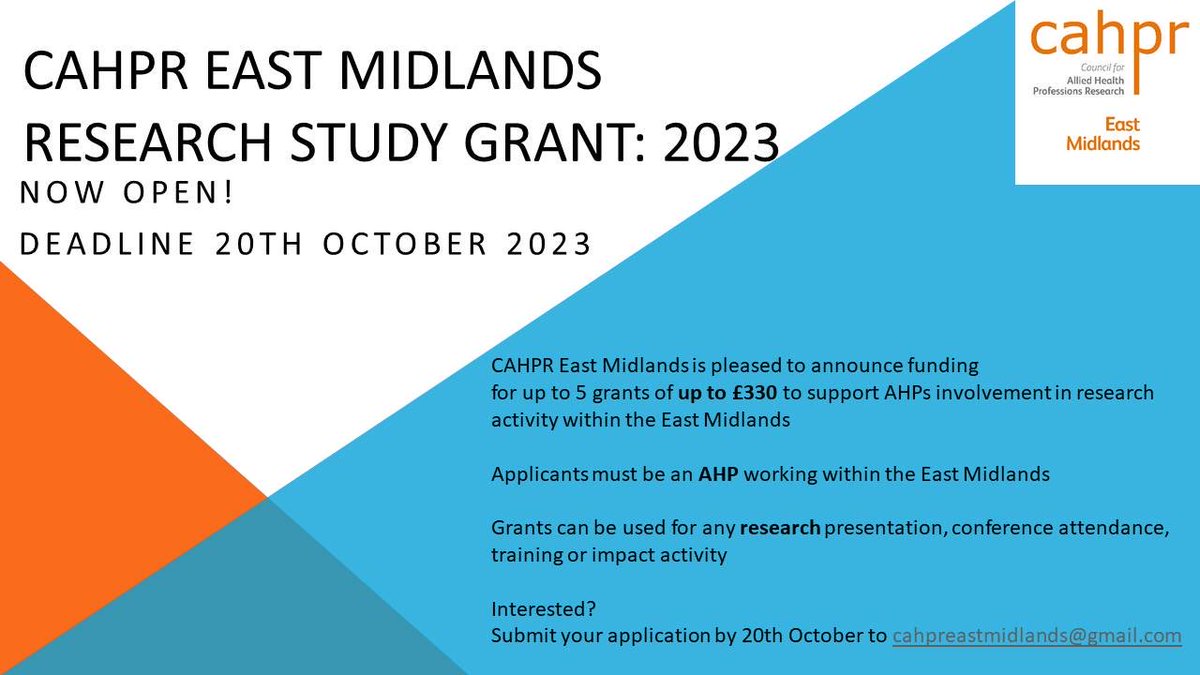 CAHPR EM Hub (@cahpr_em_hub) on Twitter photo ๐ฃ Weโre delighted to say that our small grants scheme is open again. Please contact cahpreastmidlands@gmail.com for an application form and submit your applications by 20th October. More details below โฌ๏ธ ๐ฃ Weโre delighted to say that our small grants scheme is open again. Please contact cahpreastmidlands@gmail.com for an application form and submit your applications by 20th October. More details below โฌ๏ธ