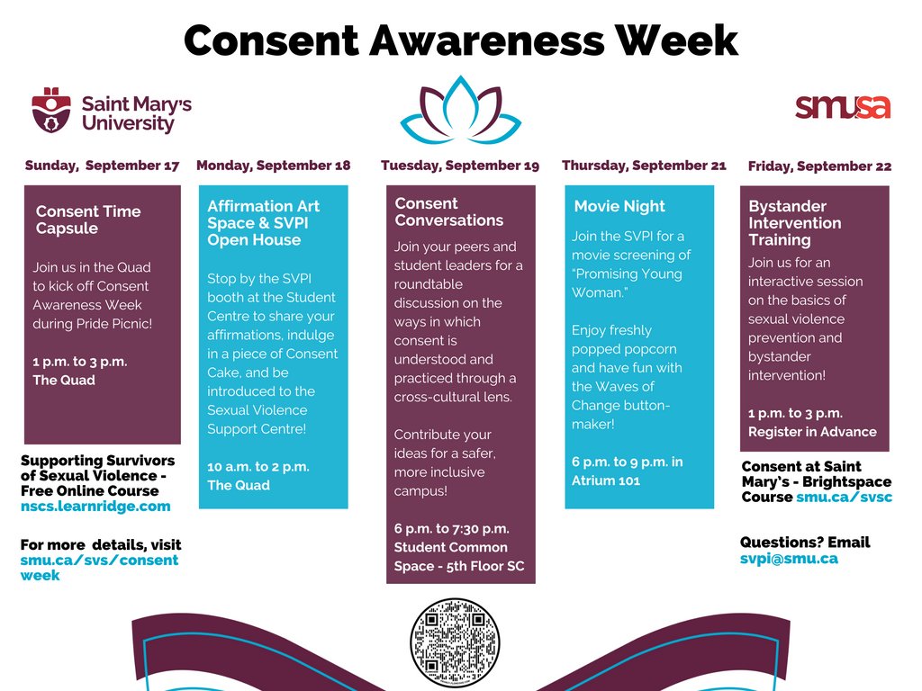 Consent Awareness Week! Check out all the events, workshops, and more happening all throughout the week to learn about consent awareness and sexual violence prevention. For more information, visit smu.ca/svsc/consentwe…