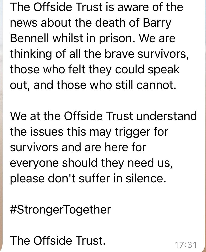 A statement from The Offside trust on the death of Barry Bennell today in prison offsidetrust.com