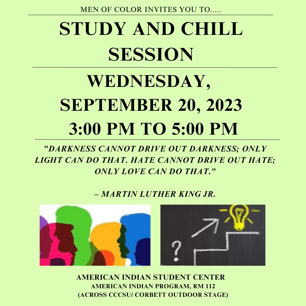 Here's another opportunity to chill while you catch up on your academic work at the #nmsu Men of Color Study and Chill Session.

Join us this Wednesday at the American Student Center, 3PM.