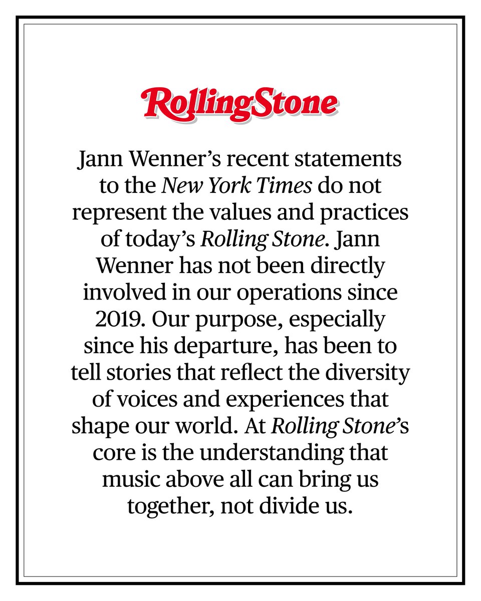 Our statement on Jann Wenner's recent comments.