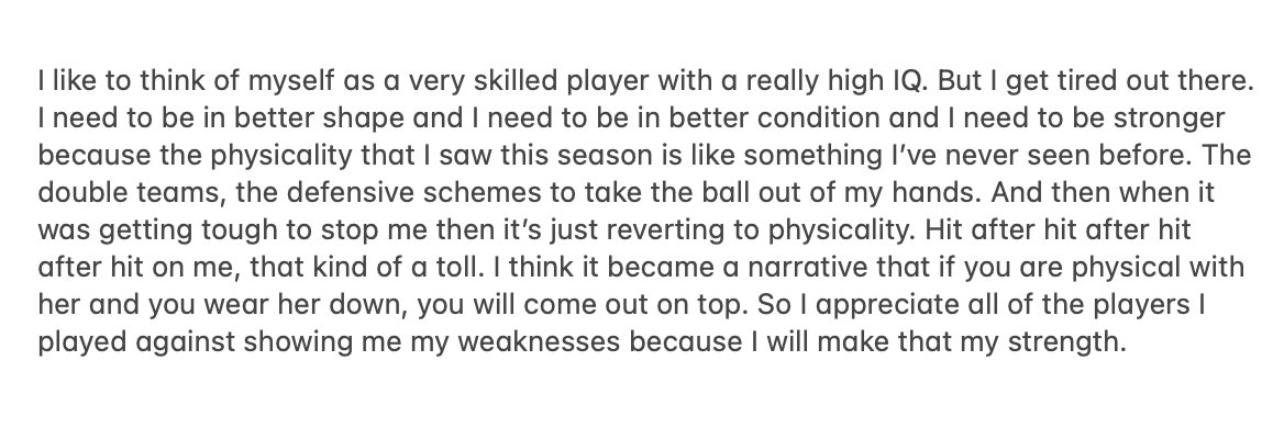 Marina Mabrey just wrapped up a very candid exit interview, which gave a lot of insight into a long checklist of improvements she hopes to make ahead of her second year with the Chicago Sky. Thought this was interesting from her on improving to absorb physicality: