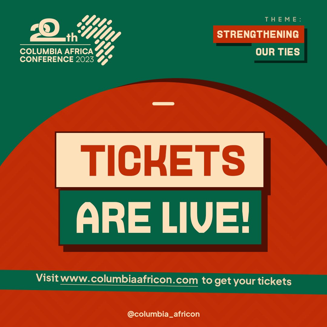 Early Bird Tickets to the 20th Annual Columbia Africa Conference are officially LIVE! 🎉 Tickets in BIO! 

Tickets come with:
🎉 Afro-themed Ball
🗨️ Thought-Provoking Panels
🔥 Fireside Chats
🎙️ Engaging Keynotes
🖼️ Gallery Walk
🌍 Cultural Gallery
🏢 Career Fair
🎁 Swag Bag
