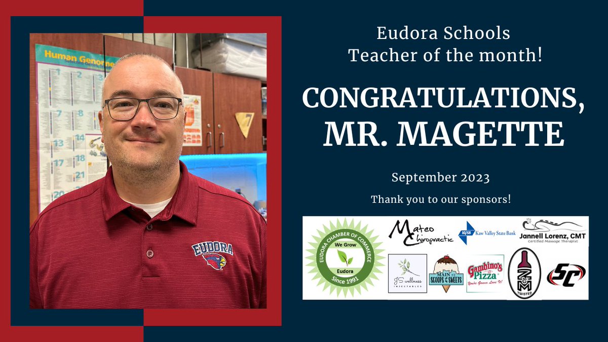 Congratulations, Eric Magette, for being named the September Teacher of the Month! Mr. Magette shared with us what it's like being a science teacher at Eudora High School! youtu.be/hDX4Gp5-Mi8 Thank you to the businesses of the Eudora Chamber for sponsoring! #EudoraProud