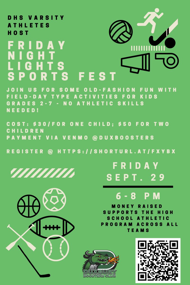 SportsFest is happening!   Be sure to checkout the action on Friday, September 29 from 6:00-8:00 on the turf.  Student Boosters are organizing an action packed activity night for grades 2-7.