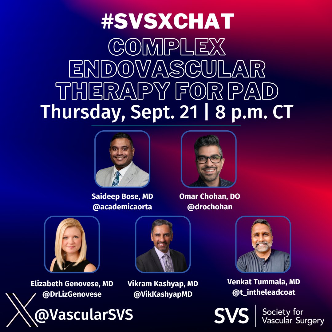 We are excited to introduce this week's #SVSxChat panel to you! Join these professionals as they discuss Complex Endovascular Therapy for PAD. This is a fantastic topic for #PADawarenessmonth and an excellent opportunity for all. Join us right here on X, Thursday at 8 p.m. CT.