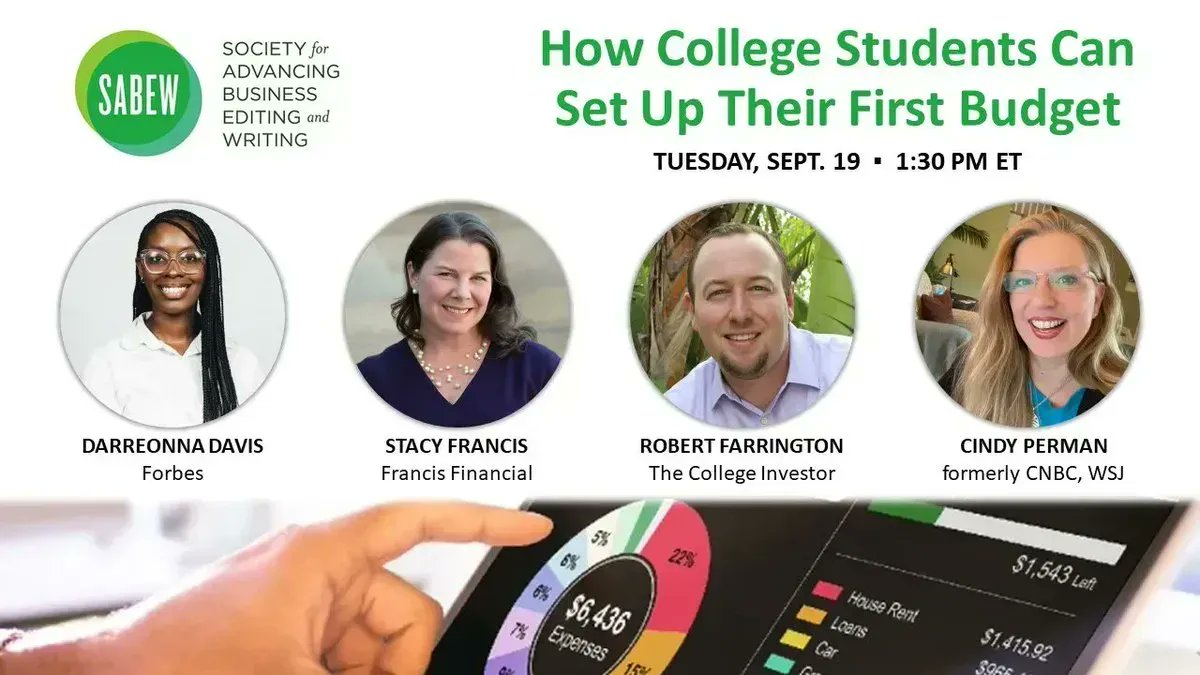 SABEW's tweet photo. TOMORROW @ 1:30pm ET ... #SABEW’s 3️⃣rd webinar for college students &amp; early career #journos. @CindyPerman, @rrobfarrington, @_darreonna &amp; @FrancisFinance’s Stacy Francis will share how students can set up their first budget &amp; save money💰.

Register 🔗https://t.co/a9b4WDa7ez https://t.co/bhScmC5r3K