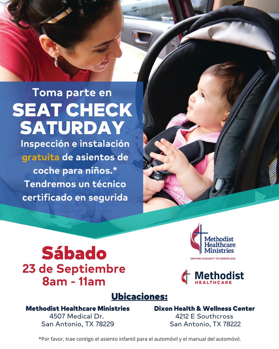 Unsure on how to install a car seat? Methodist Healthcare and Methodist Healthcare Ministries of South Texas can help! Stop by SAT 9/23, between 8am & 11am for a free inspection & installation w/ a certified child safety technician at any of the two locations. #CarSeatSafety