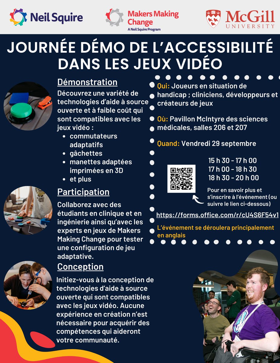 Makers Making Change (@makermakechange) on Twitter photo Join us for our Accessible Gaming Demo Day next week with <a href="/UbisoftMTL/">Ubisoft Montréal</a> and <a href="/mcgillu/">McGill University</a>!
If you're in Montreal, seize this opportunity to test, create, and even bring home adaptive gaming equipment.
Spots are filling up quick, so be sure to RSVP: ow.ly/a4Cr50PMSCK Join us for our Accessible Gaming Demo Day next week with <a href="/UbisoftMTL/">Ubisoft Montréal</a> and <a href="/mcgillu/">McGill University</a>!
If you're in Montreal, seize this opportunity to test, create, and even bring home adaptive gaming equipment.
Spots are filling up quick, so be sure to RSVP: ow.ly/a4Cr50PMSCK