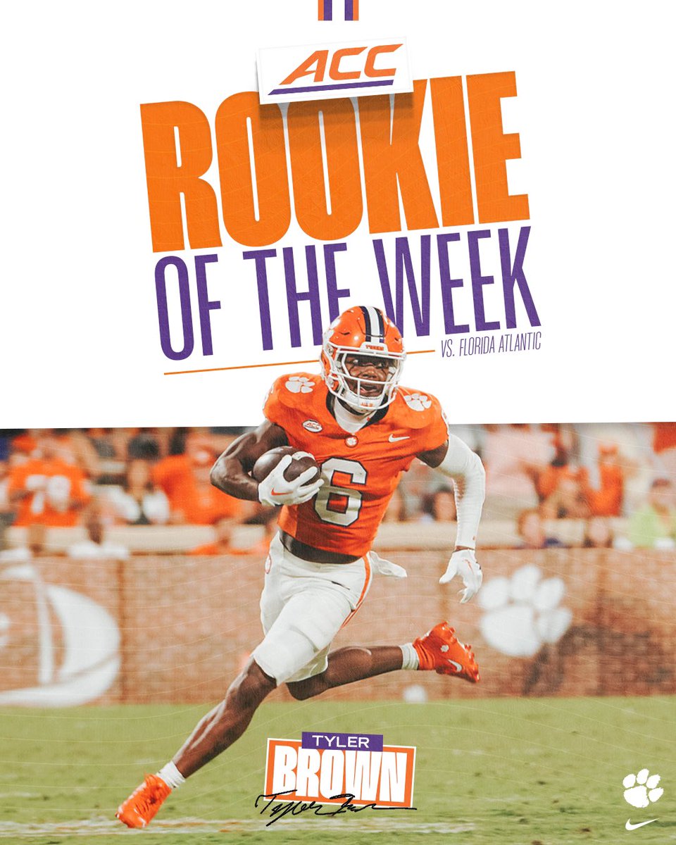 ClemsonFB's tweet photo. After becoming the first Clemson freshman with two touchdown catches in a game since Justyn Ross in the 2018 Cotton Bowl, Tyler Brown has been named ACC Rookie of the Week. 

📰: https://t.co/NJUGzSj7pX https://t.co/6kbF0MM2dr