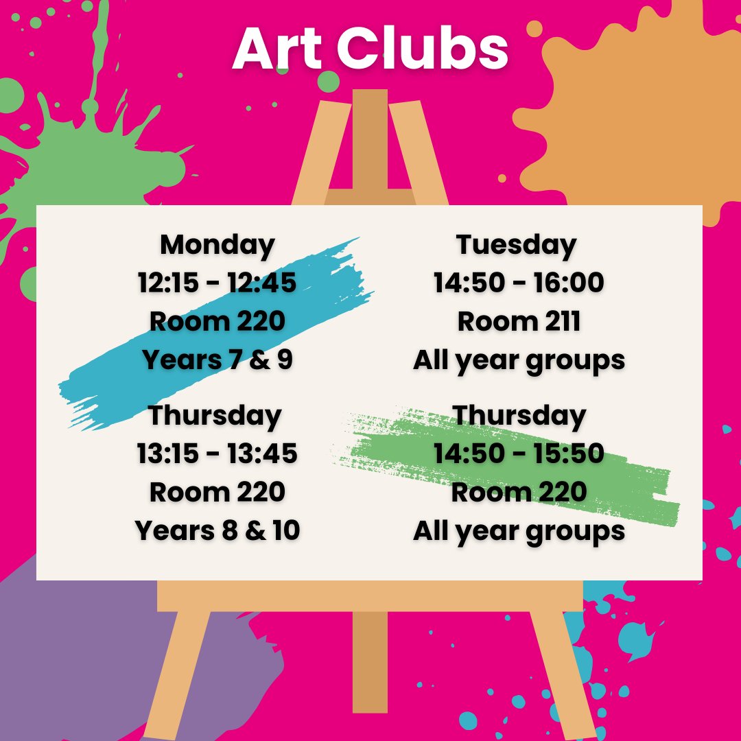 Our school Art Clubs have started up again. Whatever your level, whatever your style, come along and get creative in the Art Department.