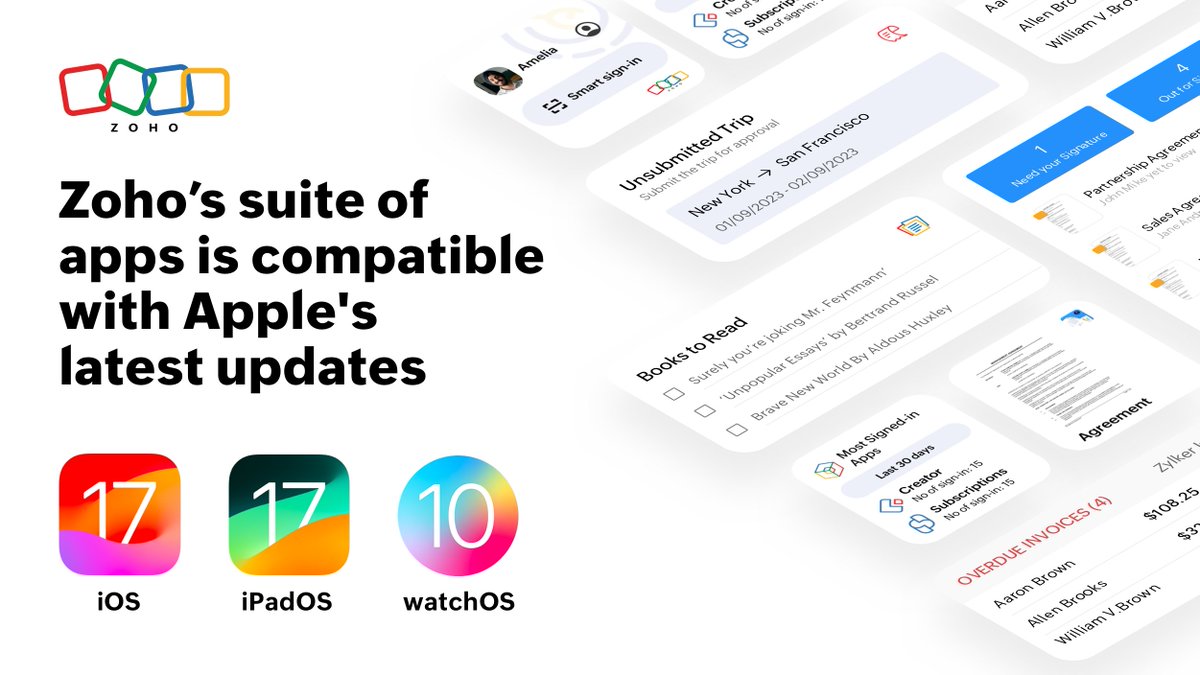 Zoho's tweet photo. The brand new updates of #iOS17 and #iPadOS17 are here! 🎉

Get ready for an enhanced experience with our suite of applications paired with @Apple's latest updates.😎

Learn more here 🧵 https://t.co/vp08qi1hpl https://t.co/BBysnCiIm1