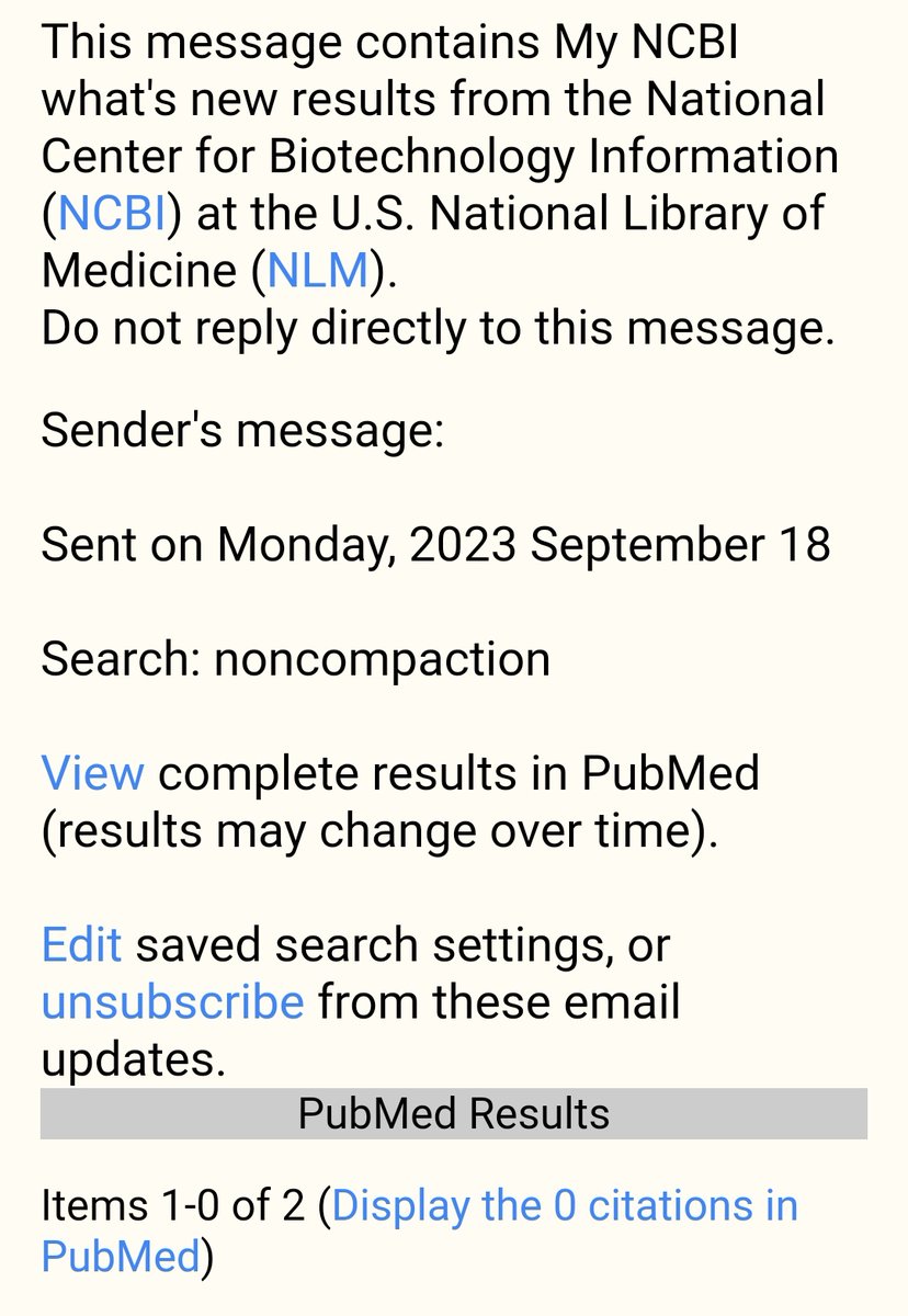 BjarkeJensen4's tweet photo. Zero new items on #noncompaction in my PubMed alert - that's a first in 5 years; seems like progress to me.
#CardioTwitter https://t.co/KZvxGqcCDZ