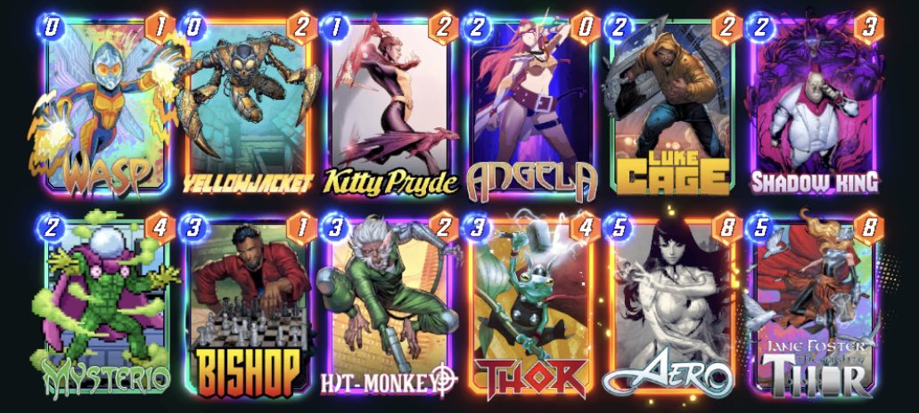 I’ve been enjoying/tweaking the shell that <a href="/Glenn_Jones_/">Glenn Jones</a> shared, as it’s got two flex spots (SK/Aero). Against wave, we dump Hit Monkey on 5 and Aero on 6, and against Galactus Ramp, Aero counters Galactus and Prof X with priority on turn 5

#MarvelSnap
<a href="/SnapDecks/">SnapDecks</a> 
<a href="/snapjudgecast/">Snap Judgments</a>