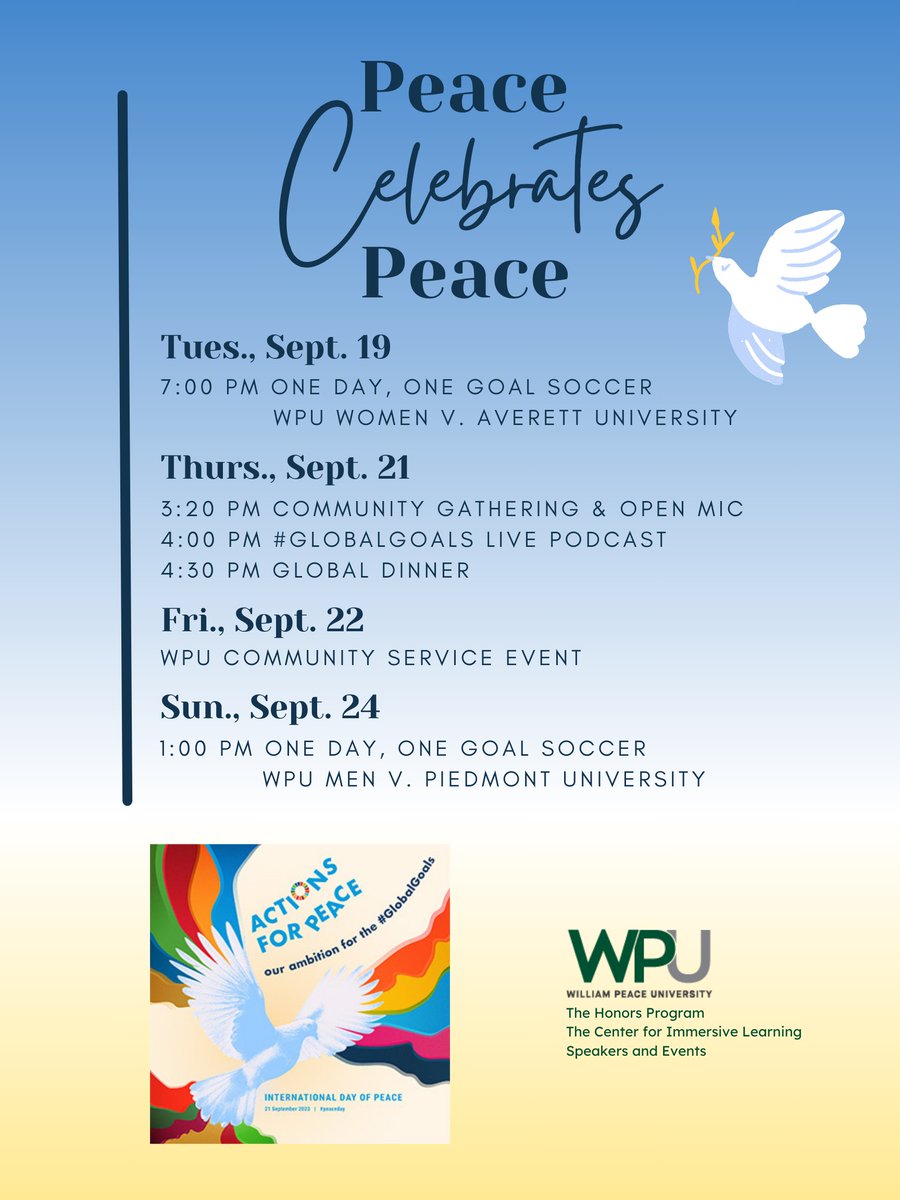 WPeaceU's tweet photo. Each year, International #PeaceDay is observed around the world on Sept. 21.

Join us throughout the week to celebrate a day devoted to strengthening the ideals of peace and promoting harmony among nations and communities worldwide. https://t.co/jZf5jMuuUJ