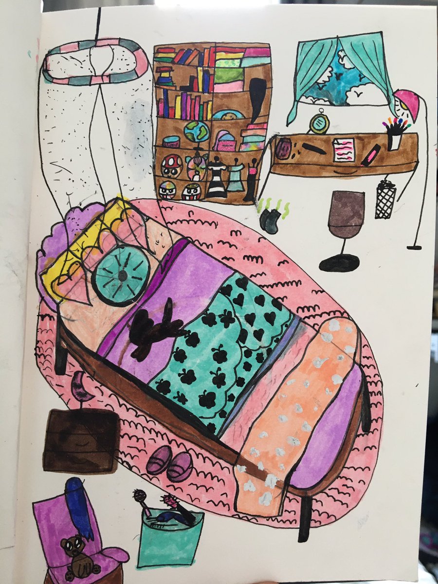 AstridsDrawings's tweet photo. Astrid’s ideal bedroom. Another details-fest. Sorry for the reduced output on this account; my fault, not hers. https://t.co/zQkTPCTw22