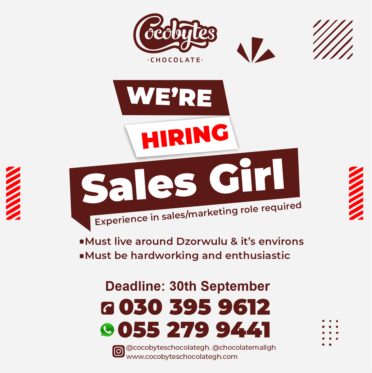 Cocobytesgh's tweet photo. Here's an opportunity to join us @chocolatemallgh. Candidates must be... 🍫knowledgeable in baking all types of modern pastry and desserts, 📷have skills in sales/marketing, 📷Call us now😍 https://t.co/8x43eJDzM5
