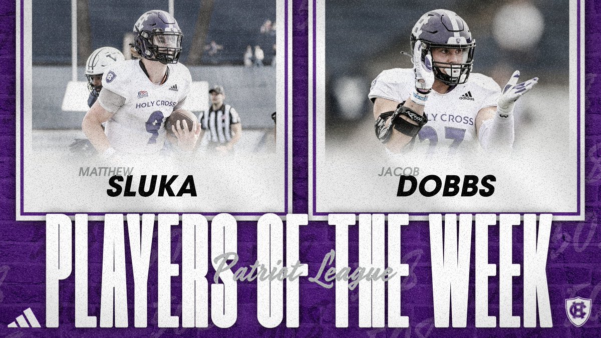 Holy Cross Football (@hcrossfb) on Twitter photo 🏆🏆 <a href="/MatthewSluka/">Matthew Sluka</a> and <a href="/JLDobbs5/">Jacob Dobbs</a> had two of the best performances in all of FCS last weekend, and both take home weekly <a href="/PatriotLeague/">Patriot League</a> honors after guiding the Crusaders to a win over Yale!
MORE ➡️ bit.ly/48iFLVG
#GoCrossGo 🏆🏆 <a href="/MatthewSluka/">Matthew Sluka</a> and <a href="/JLDobbs5/">Jacob Dobbs</a> had two of the best performances in all of FCS last weekend, and both take home weekly <a href="/PatriotLeague/">Patriot League</a> honors after guiding the Crusaders to a win over Yale!
MORE ➡️ bit.ly/48iFLVG
#GoCrossGo