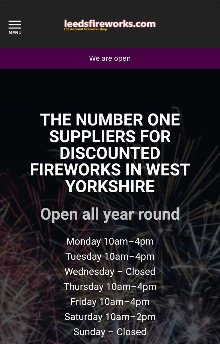 leedsfireworks.com

Open all year round 

#leedsfireworks #leeds #bonfirenight