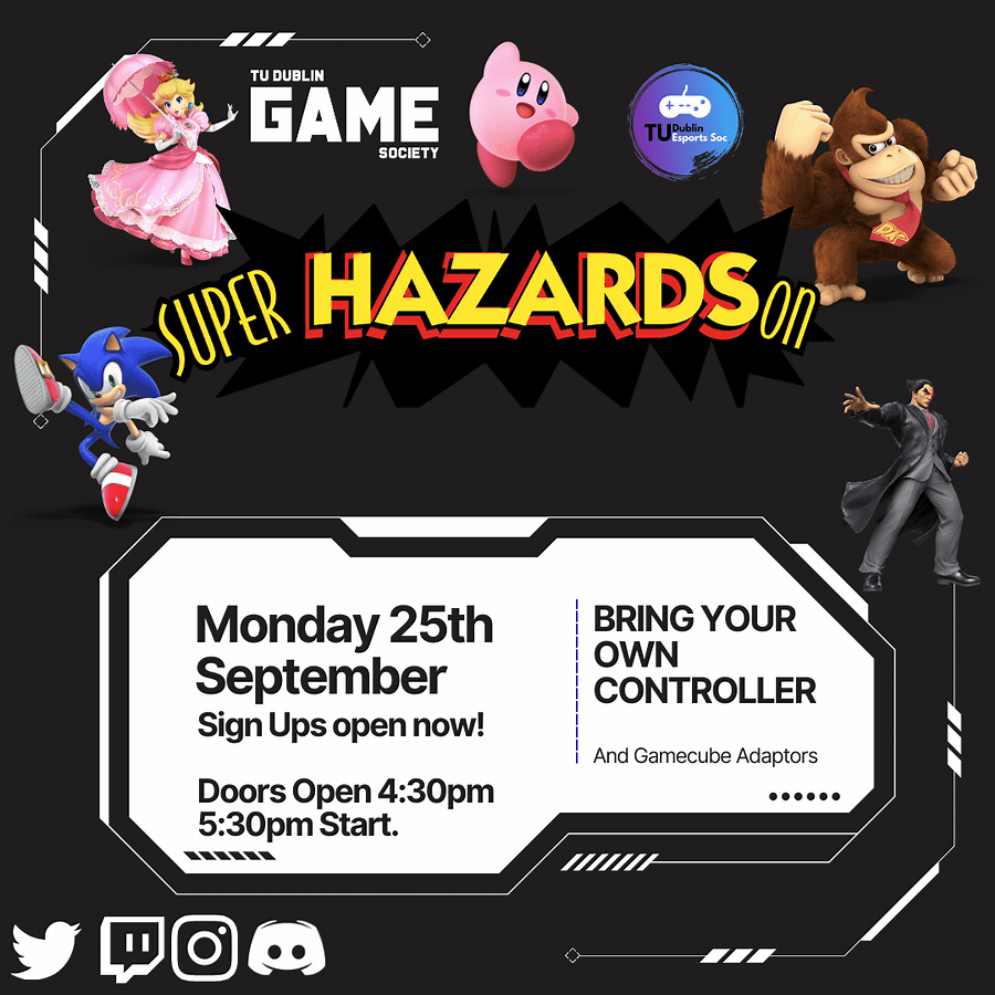 TUDublinEsports's tweet photo. TU Dublin's @TUDublinGameSoc and Esports Society presents: The latest in Smash Bros nonsense at TU Dublin!

⌚ Monday 25th
🗺️ Grangegorman Campus, East Quad 207
📊32 player cap

Sign up here: https://t.co/RfubVvuFrM https://t.co/Yv6k432Dmq