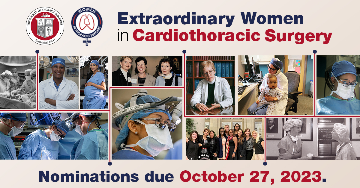 Nominate an extraordinary woman in CT surgery, a leader, an exemplary clinician and surgeon, educator, mentor, advocate. STS & @WomenInThoracic will honor recipients of the Extraordinary Women in CT Surgery Award at #STS2024. Nominations due October 27. bit.ly/46hV0wq