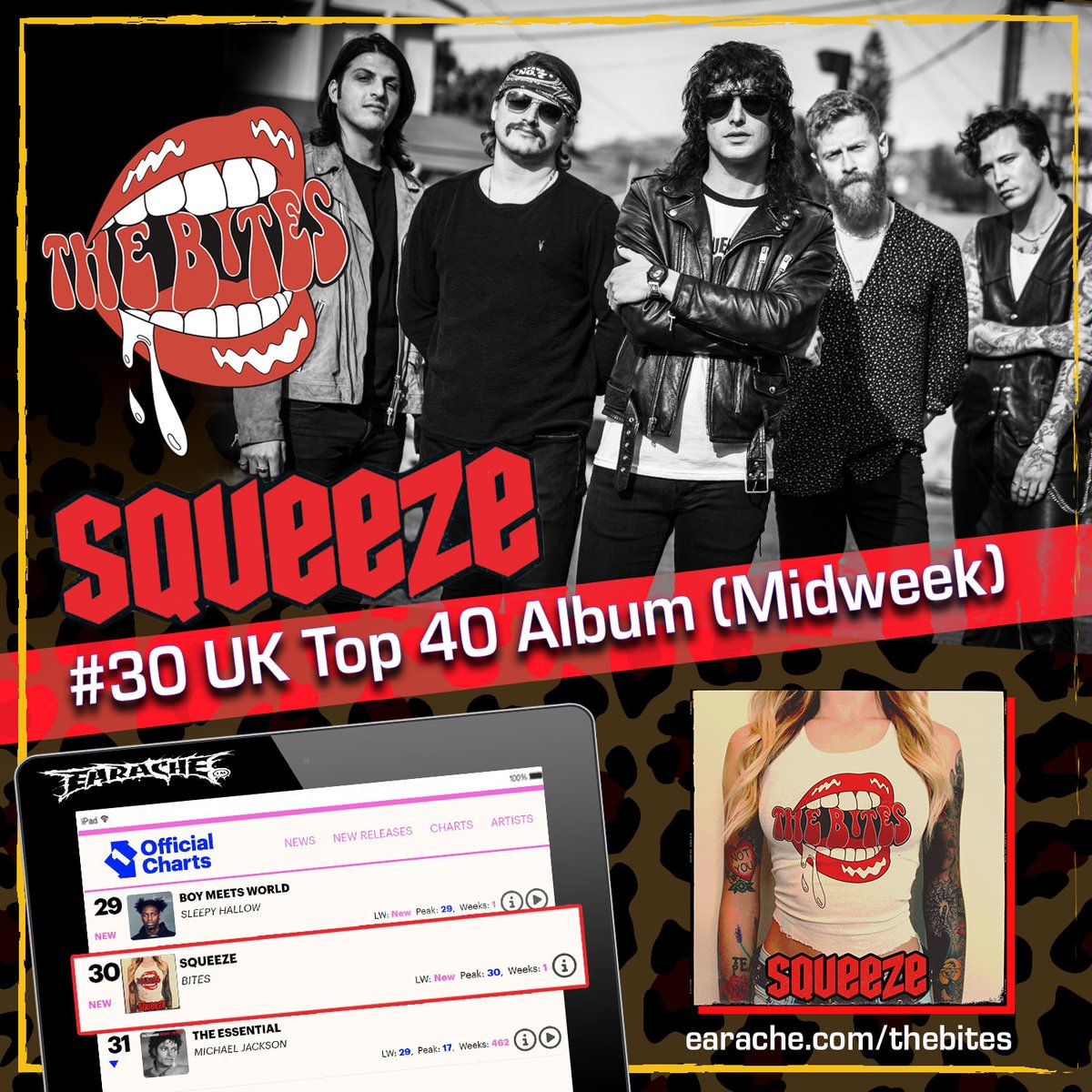 Congratulations to The Bites, who are on track for the highest UK album chart debut by a US rock band in a decade!🌟 Sitting at #30 right now in the UK Top 40 midweek album chart with 'Squeeze'.🤘 Help them stay there for Friday's official chart! 💿🛒👉 earache.com/thebites