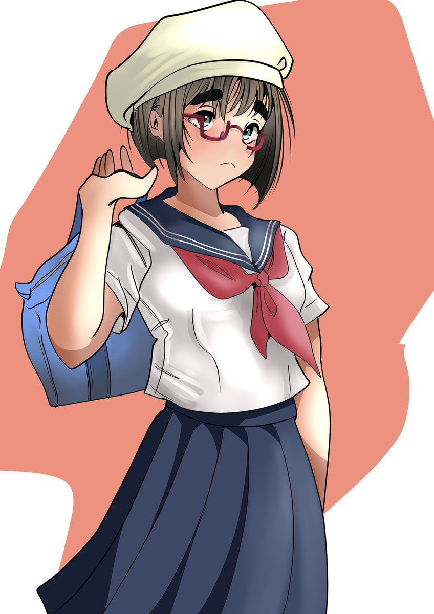 1girl solo hat school uniform glasses bag skirt  illustration images