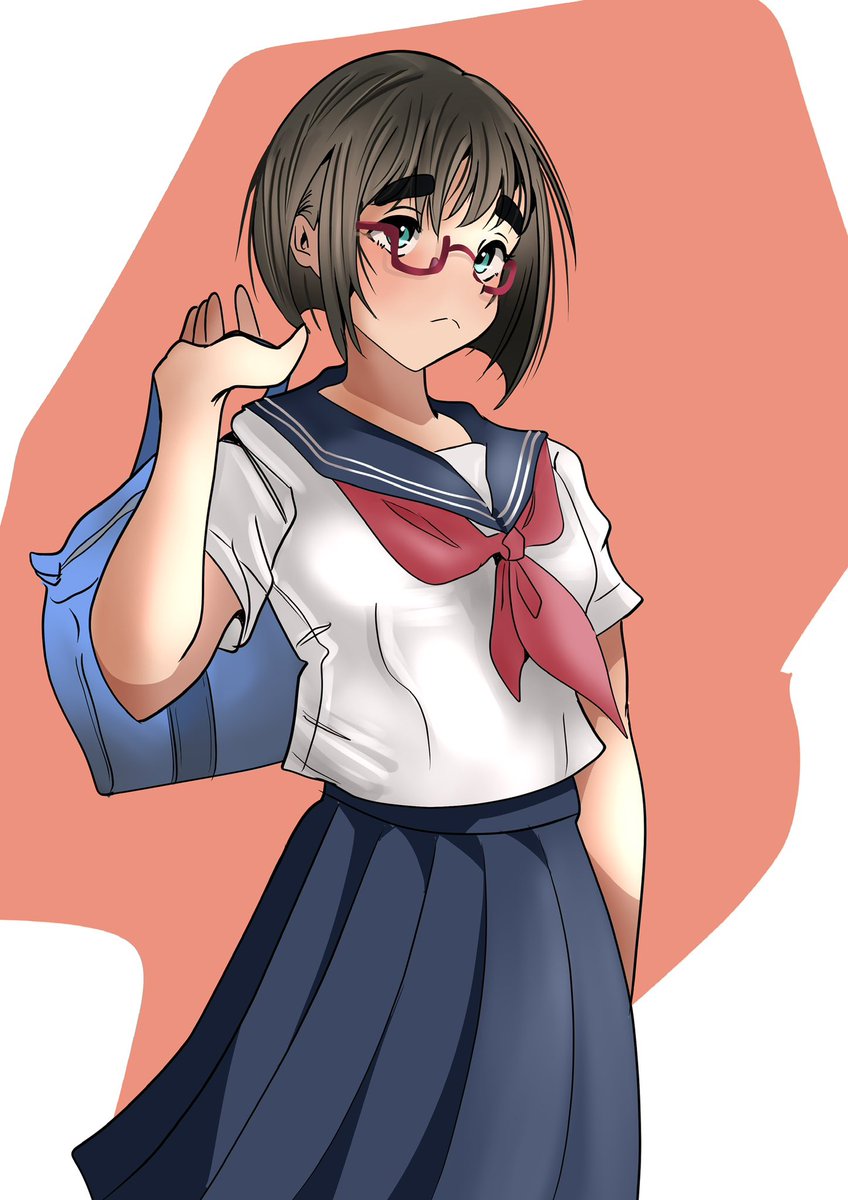 1girl solo hat school uniform glasses bag skirt  illustration images