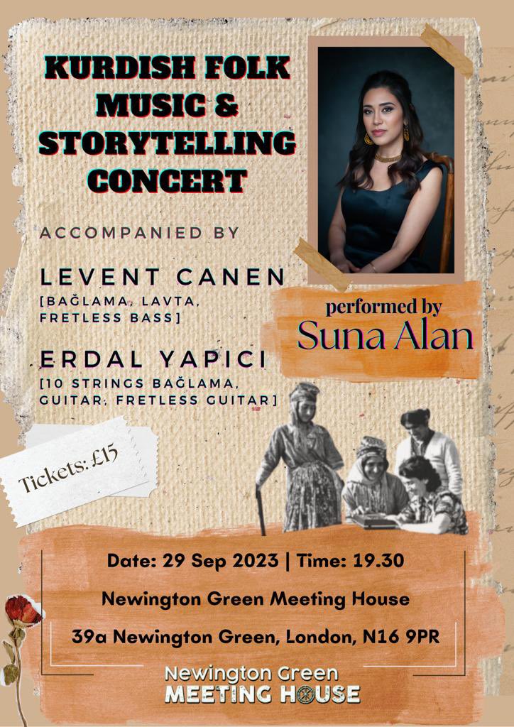 🎶 Join us for a Kurdish Folk Music & Storytelling Concert featuring Suna Alan, accompanied by musicians @LCanen and Erdal Yapici! 🪕🎤 A night filled with beautiful Kurdish folk music engaging storytelling that will touch your heart. Don’t miss this cultural experience!