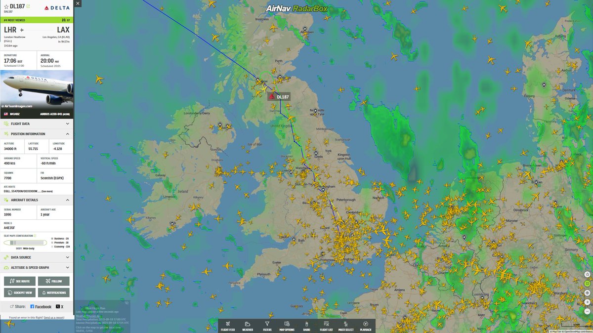 Delta Air Lines flight #DL187 from London Heathrow (LHR) to Los Angeles (LAX) has turned around over the UK and is declaring an emergency via Squawk 7700:
radarbox.com/flight/DL187?m…

@FlightEmergency