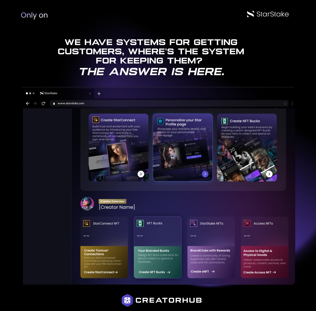 Introducing #CreatorHub on #StarStake - where the magic of retaining fans comes alive! 🎩✨ How do you keep your fanbase engaged and excited? Share your tips! #StarStakeTips