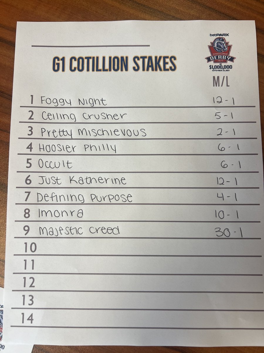 The field for the 2023 G1 $1,000,000 Cotillion Stakes.