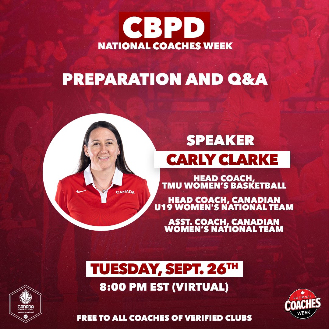CanBball's tweet photo. Learn from @Carly_Clarke 🗣️

Two-time FIBA U19 Women's Basketball World Cup medallist Carly Clarke will speak on preparation, as well as hold a Q&amp;A as a part of CBPD Vol. 3.

📅: Tuesday, Sept. 26
⏰: 8:00 pm ET / 5:00 pm PT
🔗: https://t.co/AAW01vFDy4

#CBPD | #ThanksCoach https://t.co/g905xjELhQ