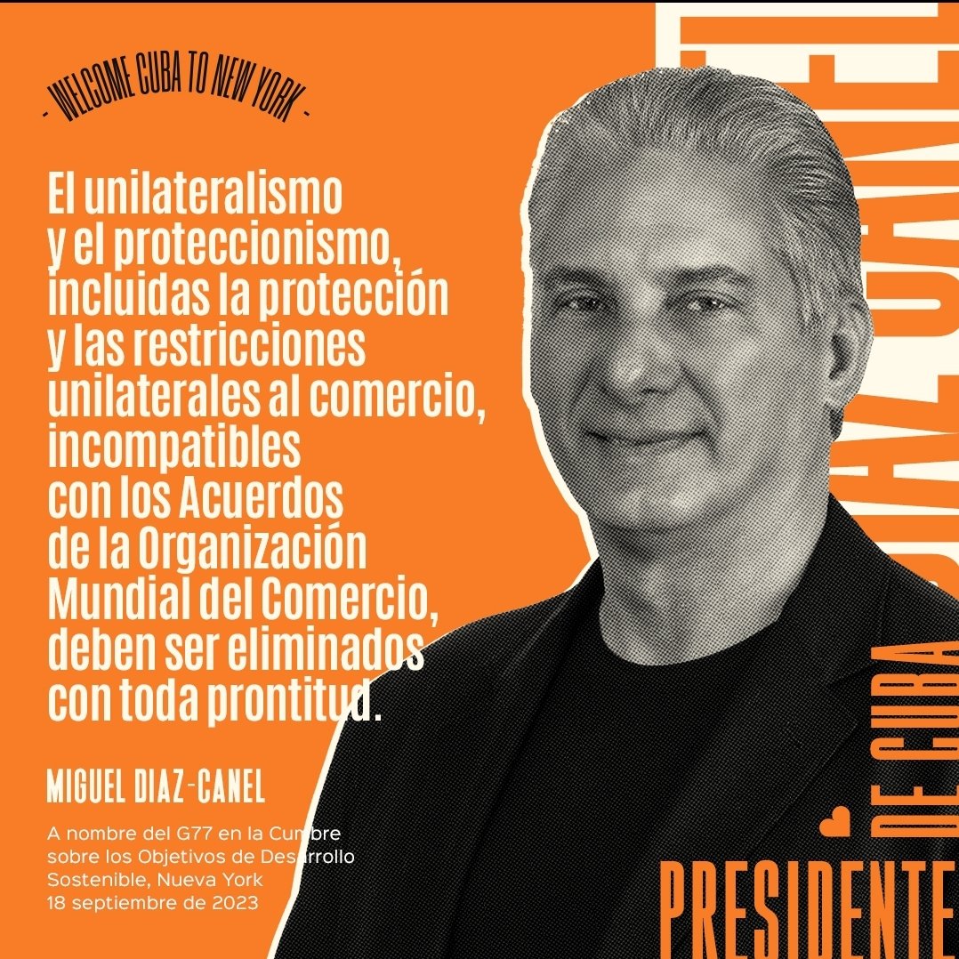CubaMINREX's tweet photo. 📌 Fragmentos de la intervención del presidente de Cuba 🇨🇺 @DiazCanelB en la Cumbre de la ONU de los Objetivos de Desarrollo Sostenible.

#DíazCanelEnONU 
#ElSurTambiénExiste https://t.co/9hSWcxNOCF