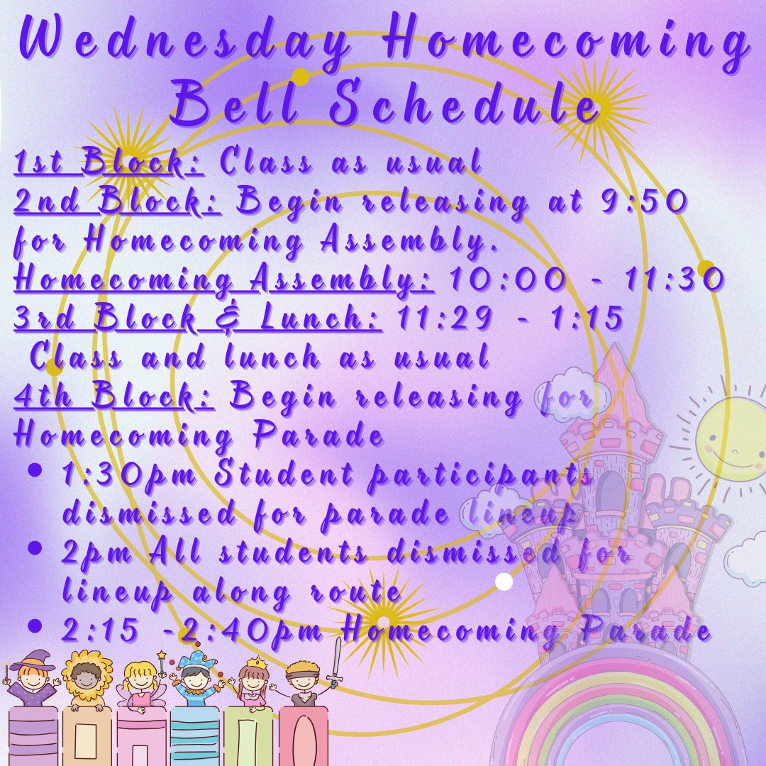 NorthtownNews's tweet photo. Here is Wednesday's bell schedule for the Homecoming festivities! https://t.co/QS2hGvxytv